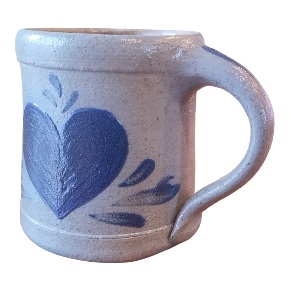 Rowe Pottery Works Coffee Mug Hand Painted Heart Gray Salt Glazed Clay